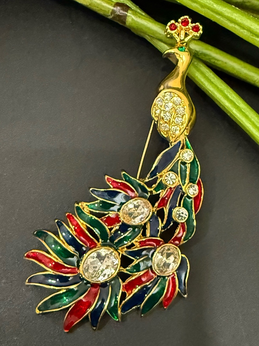 Vintage Unsigned Gold-tone Enameled Rhinestones Peacock Brooch